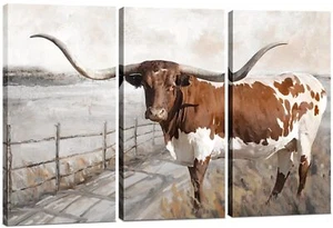 Longhorn Wall Decor - Longhorn Canvas Cow Wall Art - Large Western Wall Decor... - Picture 1 of 9