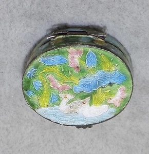 Vintage Chinese Guilloche Enamel Snuff Patch Pill Box LOTUS & SWANS AS IS 1.25” - Picture 1 of 5