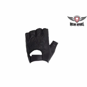 BIKER Men Motorcycle Finger Les Leather Gloves w/Embroidered Black Flame GL2015 - Foto 1 di 2