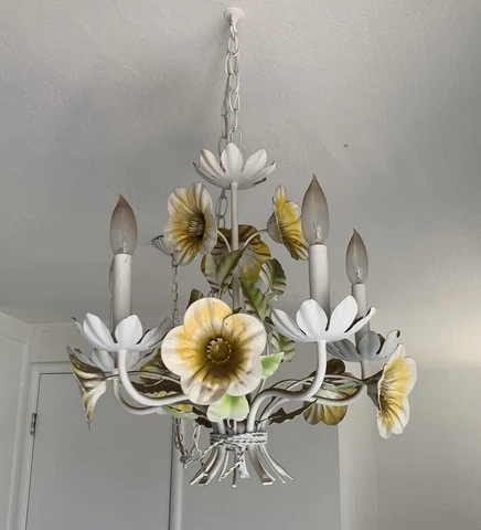 Vintage 5 Light Italian Toleware(??) Chandelier White w/Yellow Floral Accents Cover