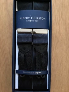 Albert Thurston Black Moire braces braids Silver fittings Black leather Tab - Picture 1 of 3