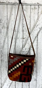 Bolso de Hombro De Colección LJS Colección Boho Azteca Tejido Lana Cuero Trenzado Brasil - Imagen 1 de 8