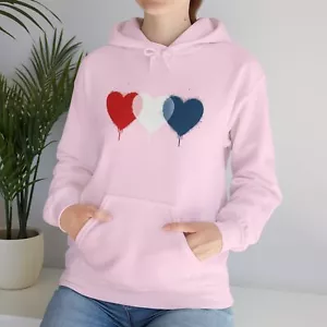 Heart Print Hoodie, Valentine's Day Sweatshirt, Love Pullover, Red White Blue, - Picture 1 of 8