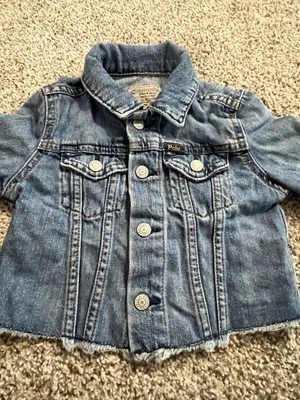 Polo Ralph Lauren Denim Jacket Girls 4T Blue Jean Cropped Logo Spellout Raw Hem - Image 1 of 4