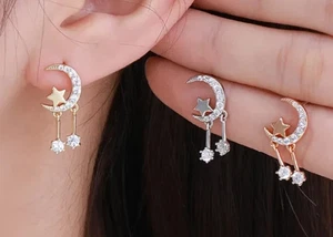 Stil Stern Mond Quaste ZC 18K Platin & vergoldet Ohrringe - Bild 1 von 2