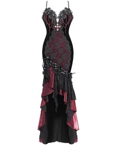 Vestido de Noche Eva Dama Mujer Elegante Gótico Terciopelo y Encaje Sirena - Negro y Rojo - Imagen 1 de 13