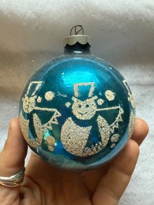 Vintage Blue Glass Stencil Christmas Ornament Mica Snowman  Jumbo HTF 4” - Picture 1 of 7