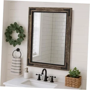 Farmhouse Bathroom Mirror, Rustic Wood Mirror, Wooden Framed 32"L x 24"W Brown - Picture 1 of 8