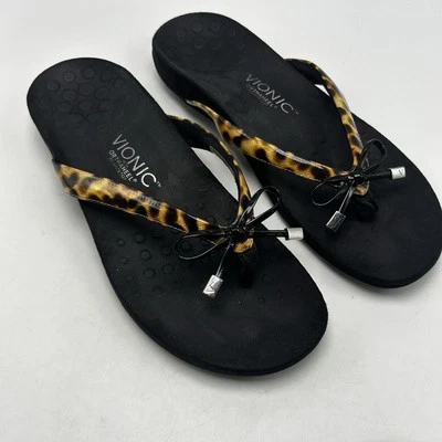 Sandália Vionic Feminina 8 Biqueira Bella Post Estampa de Leopardo Animal Flip Flop Laço Slip On - Imagem 1 de 4