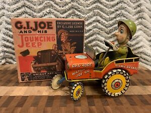 Unique Art G.I. Joe And His Jouncing Jeep Tin Wind Up Toy - With Repro Box