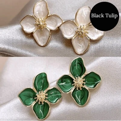 Pendientes Flor Oro Esmalte Esmalte Declaración Tachuela Verano Fiesta Vacaciones Foto 1 de 2