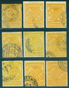 BRAZIL 1889 NEWSPAPER STAMPS 10r-1000r yellow set Scott # P1-P9 used - Picture 1 of 2