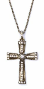 Gothic Cross Pendant Antique Gold Finish W/ Rhinestones Costume Jewelry  - Picture 1 of 1