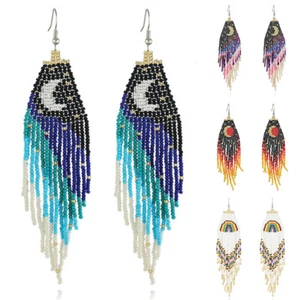 Bohemian Earrings Handmade Star&Moon Beads Earrings Beaded Long Drop Dangle - Picture 1 of 21