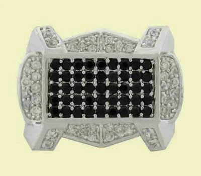 ANEL MASCULINO GENUÍNO ÔNIX PRETO E SAFIRA BRANCA BANHADO A OURO BRANCO 14k * Novo com etiquetas * - Imagem 1 de 4