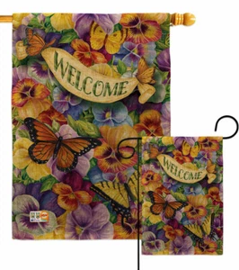 Stiefmütterchen mit Schmetterlingen Sackleinen Garten Flagge Freunde Deko Geschenk Hof Banner - Bild 1 von 19