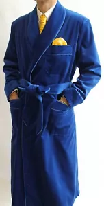 Mens Blue Velvet Smoking Jacket Host Wear Robe de Chambre Dinner Blazers Coat - Picture 1 of 3