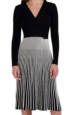 Robbie Bee Two-Tone Belted Sweater Dress Black/White L75002Robbi Womens Size XLG - Image 1 of 4