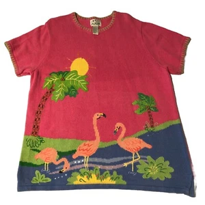 Womens Vintage Quacker Factory Pink Flamingo Embroidered SS Sweater Size 1X - Bild 1 von 18