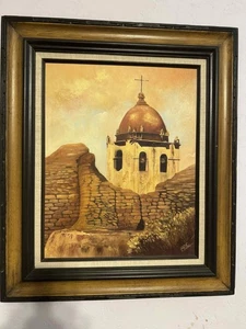 Dipinto originale d'epoca firmato, campanile chiesa nel villaggio missione Carmelo 1972 - Foto 1 di 4