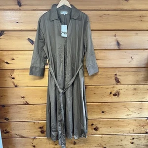 NWTGS Zara ZW Collection Dark Khaki Poplin Shirt Midi Dress SZ XXL - Picture 1 of 5