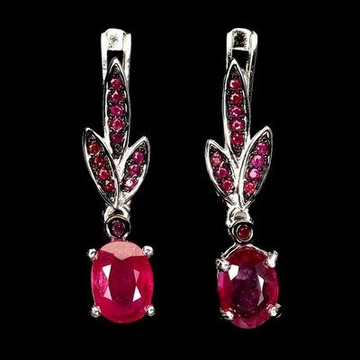 925 Sterling Silver Earrings Oval Ruby 7x5mm Ruby Myanmar Diamond Cut Gemstone - Image 1 of 4
