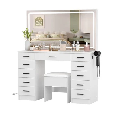Dressing Table and Stool set 11 Drawer Vanity Table with Glass Top Plug Socket - Image 1 of 4