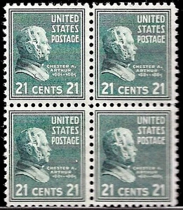 Block of 4 Stamps 1938 21 Cents Chester Arthur #826 MNH OG Dull Blue - Picture 1 of 2