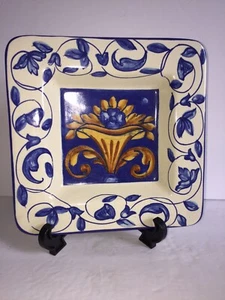 Handmade In Italy Square Blue Floral Serving Plate - Picture 1 of 6