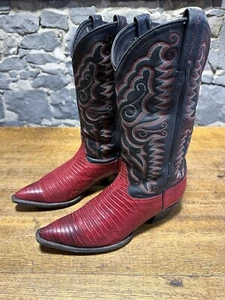 Women’s Tony Lama Cowboy Vintage Western Boots Size 9M Red Lizard Black Fancy - Picture 1 of 9