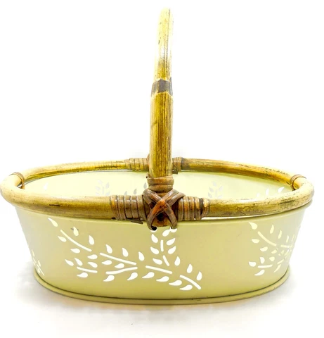 Branches Metal Basket,Cut-out Leaves,Rattan-look Handle/Trim,Light Green,12x9x4" Cover