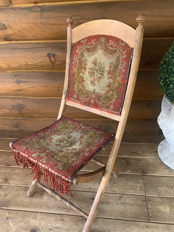 Antique Vintage Victorian Needlepoint Folding Wooden Chair Cover