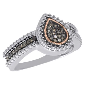 .925 Sterling Silver Brown Diamond Teardrop Halo Ladies Right Hand Ring 1/6 ct. - Picture 1 of 5