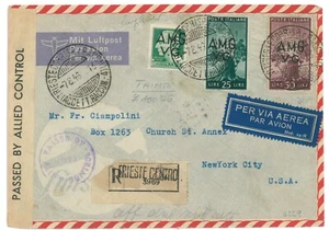 P2647 - ITALIA AMGVG , RACCOMANDATA , VIA AEREA PER N.Y. - 7.8.46 CENSURATA. - Imagen 1 de 3