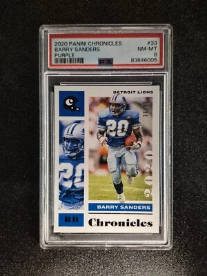 2020 Panini Chronicles purple BARRY SANDERS PSA 8 serial numbered 36/49 - Image 1 of 2
