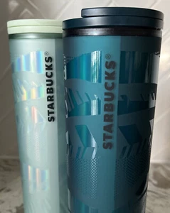 New (2) STARBUCKS 16oz Tumbler Iridescent Green Ribbon Design Tumbler - Picture 1 of 5