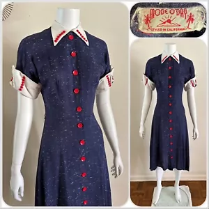 1950s Mode O Day Button Dress Dagger Collar Fleck Rockabilly Sailor Frock VTG - Picture 1 of 24