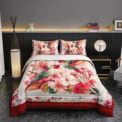 Juego de edredón retro floral estampado de pájaros reina esponjoso sherpa, patrón de pájaro rojo Fu... Foto 1 de 4