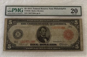 1914 $5 Federal Reserve Note Philadelphia Red Seal Large Note PMG 20 very fine - Picture 1 of 8