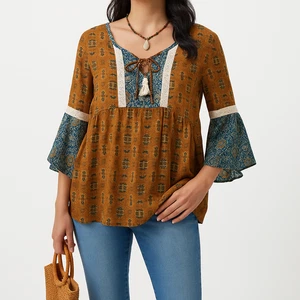 Blusa túnica Maurices Boho manga campana ribete de encaje borla corbata top para mujer talla L - Imagen 1 de 14
