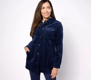 Denim & Co. Giacca lunga regolare in velluto elasticizzato colore navy taglia XS A623550 - Foto 1 di 4