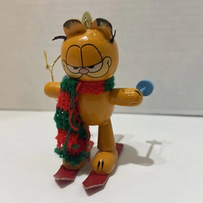 Vintage Garfield Christmas Ornament Wooden Skiing 3" Dakin 1981 Cat With Tag  - Image 1 of 4
