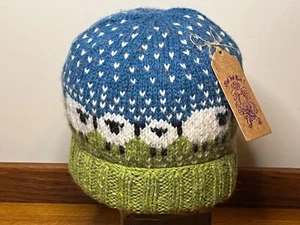Hand Knitted Pure Wool Green & Blue Sheep Design Bobble Beenie Hat size medium - Picture 1 of 3
