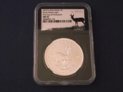 Limited Edition 2018 1oz Silver KRUGERRAND!  Silver Metal Label,  NGC MS70,  FDP - Image 1 of 4