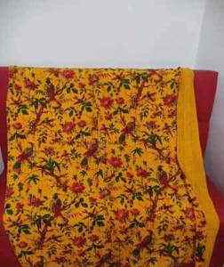 Indian Yellow Bird Print King Size Cotton Kantha Quilt Throw Blanket Bedspread - Picture 1 of 2