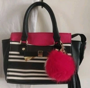 Betsey Johnson Purse ,Zippered Top Striped Black & White Red Charm & Rhinestones - Picture 1 of 12
