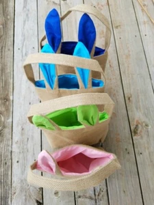 NEW Easter Bunny Basket Bag with Light GREEN Ears and Handles Burlap - Picture 1 of 6