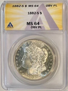 1882-S Morgan Silver Dollar, ANACS MS-64 Obverse Prooflike - Picture 1 of 2