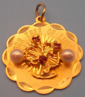 New Pics Nov. 23! Gold 14k "Our Tree of Life" Charm: 2 Pearls, 3 Red Jewels - Изображение 1 из 4