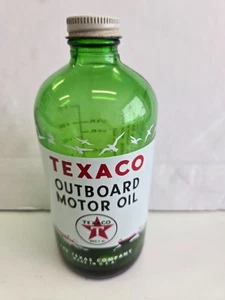 Vintage Texaco Green Glass Bottle Outboard Motor Oil Texas Boats Birds SAE 30 - Picture 1 of 5